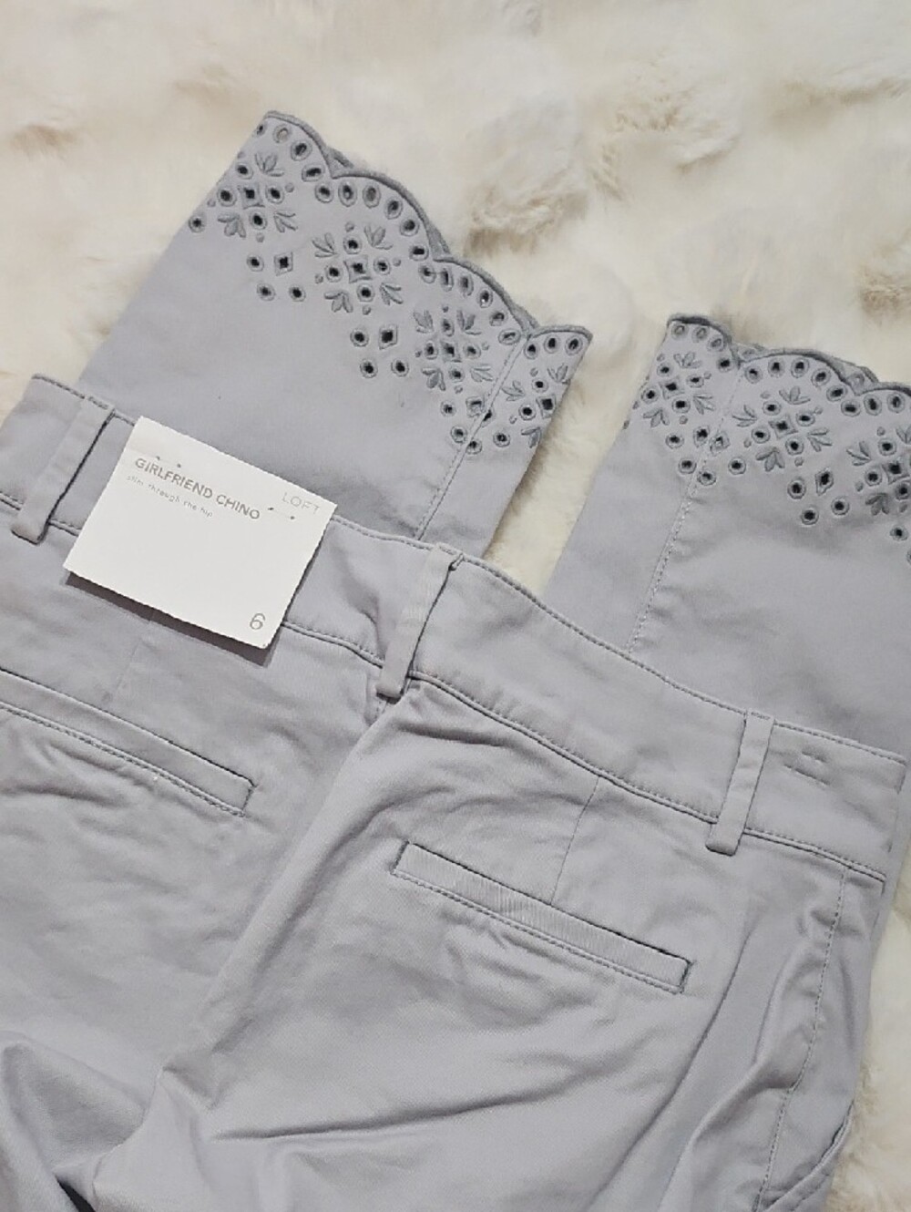NWT LOFT Light Gray Eyelet Scallop Hem Girlfriend Chinos - Picture 5 of 6